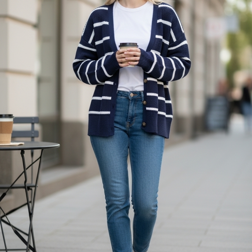 $4 FIRM 🌟FINAL MARK DOWN🌟Old Navy Women's Navy and White Striped Cardigan - Picture 2 of 6